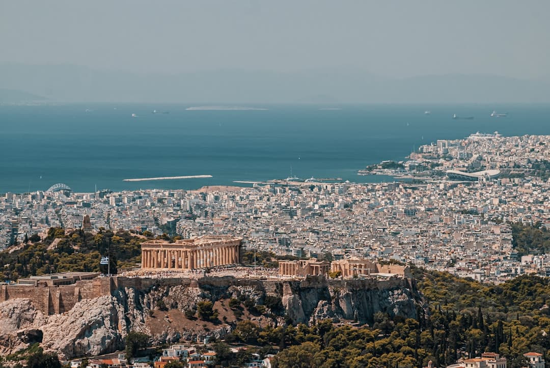 The Acropolis seen face-on from the pine trees of Filopappou Hill