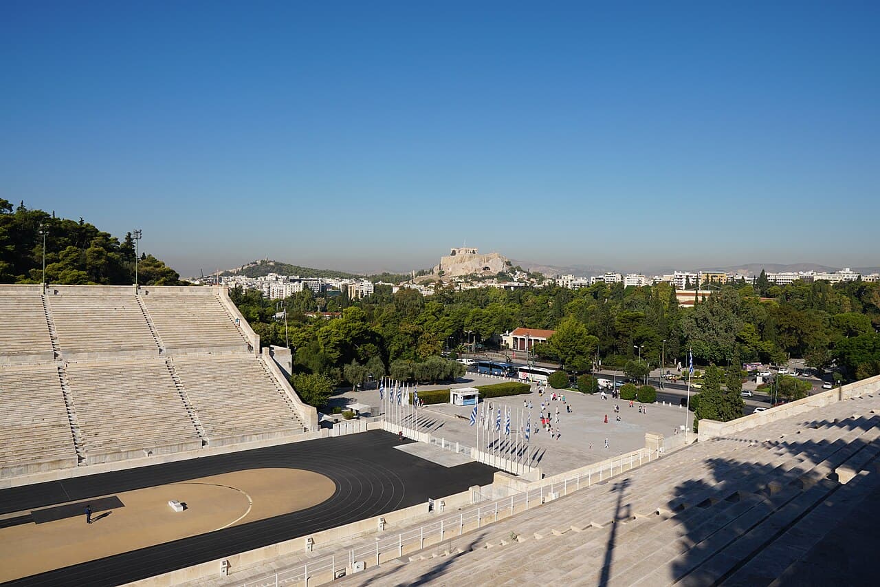 The horseshoe of white marble seating at the Panathenaic Stadium