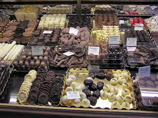 Belgian pralines in a Bruges chocolate shop