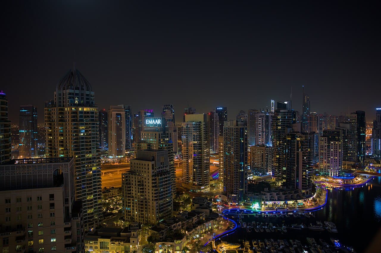 Dubai Marina towers at night