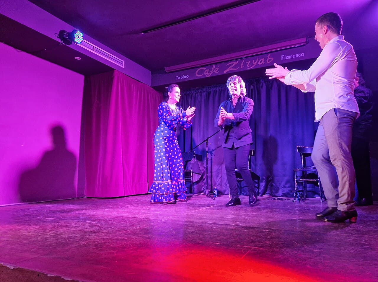 A flamenco dancer performing in a small tablao