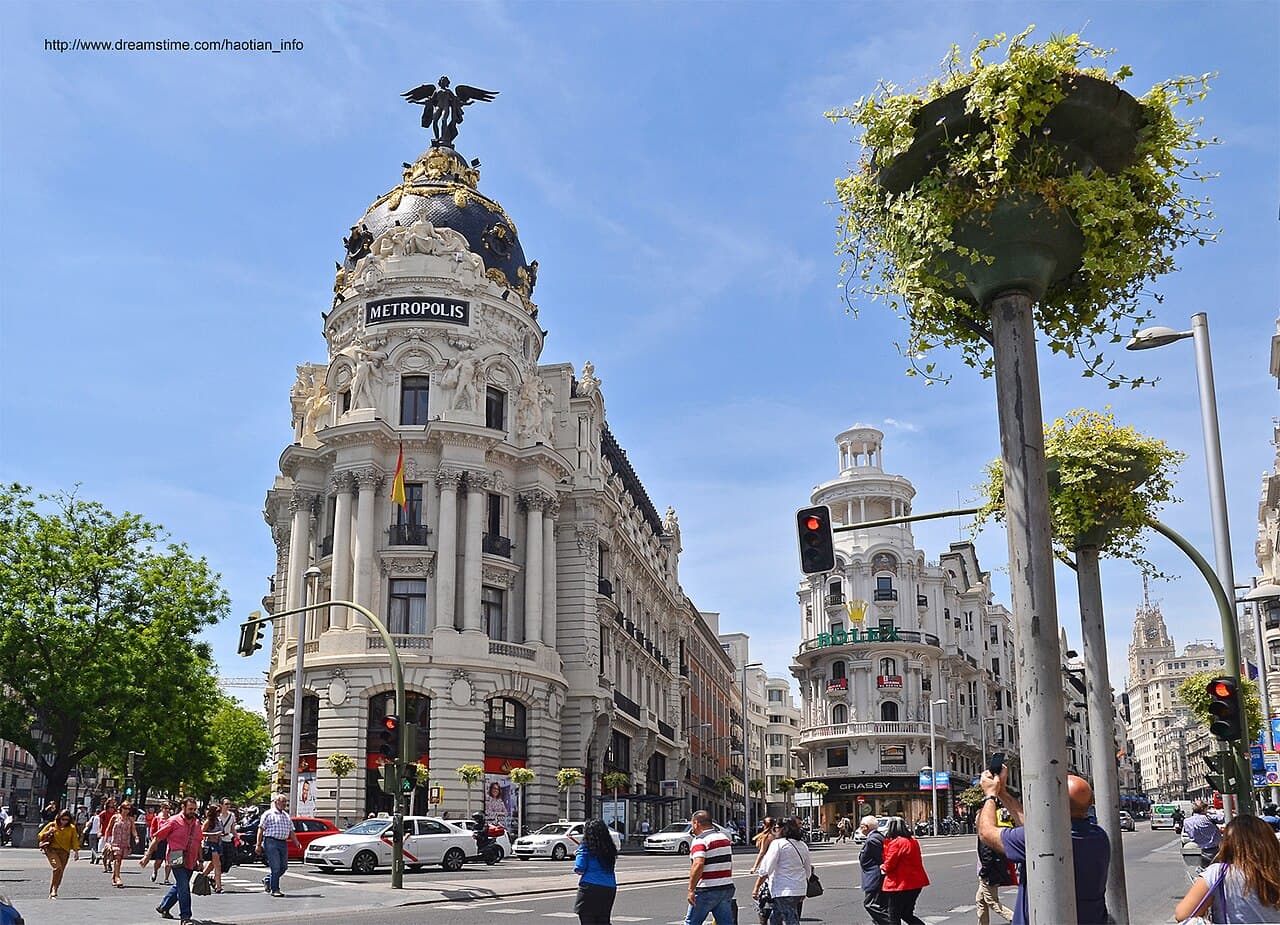 The Gran Vía in Madrid lit up at dusk