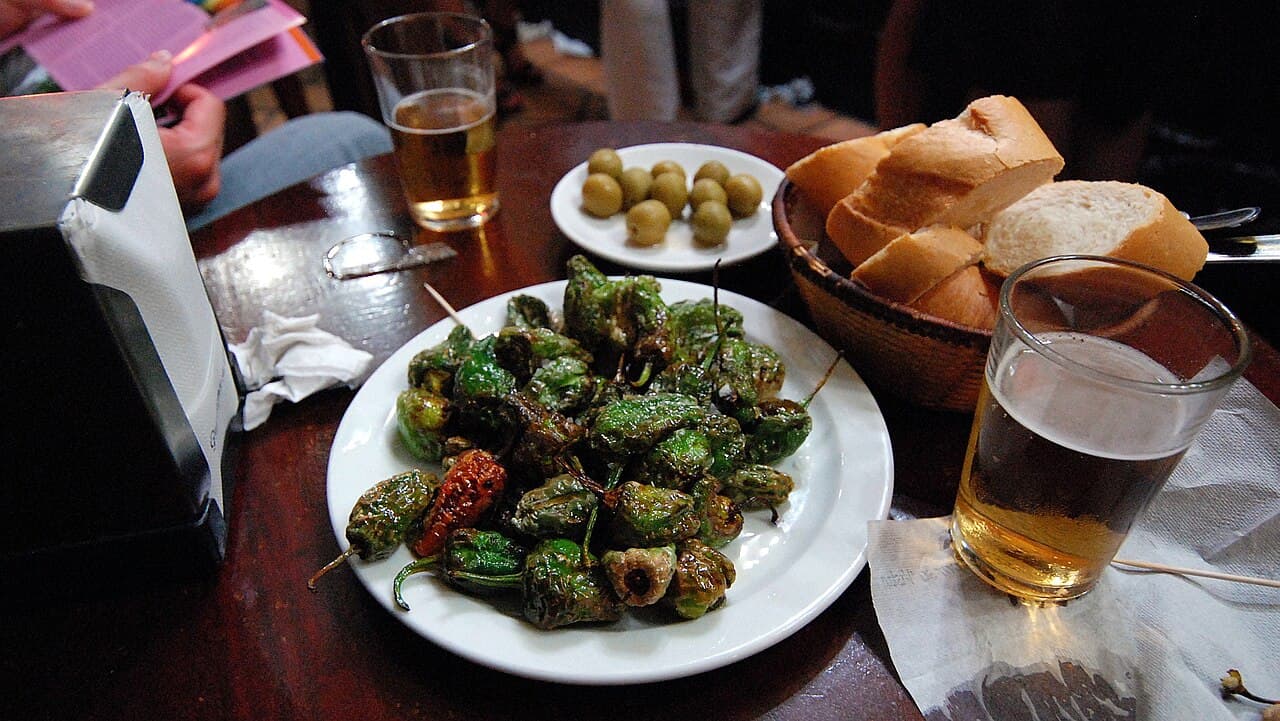 Tapas plates on a bar counter in Madrid