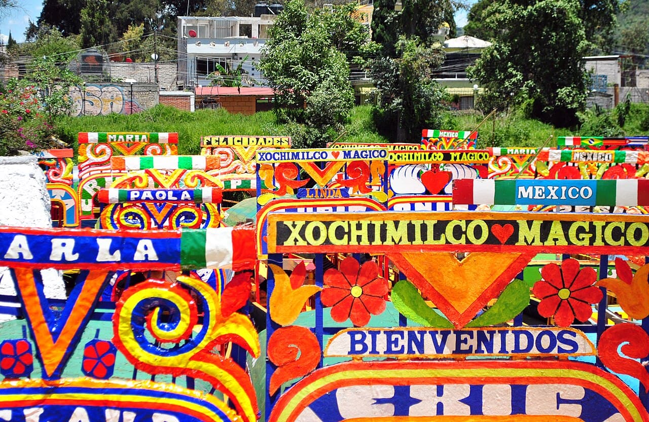 Colourful trajinera boats at Xochimilco, Mexico City