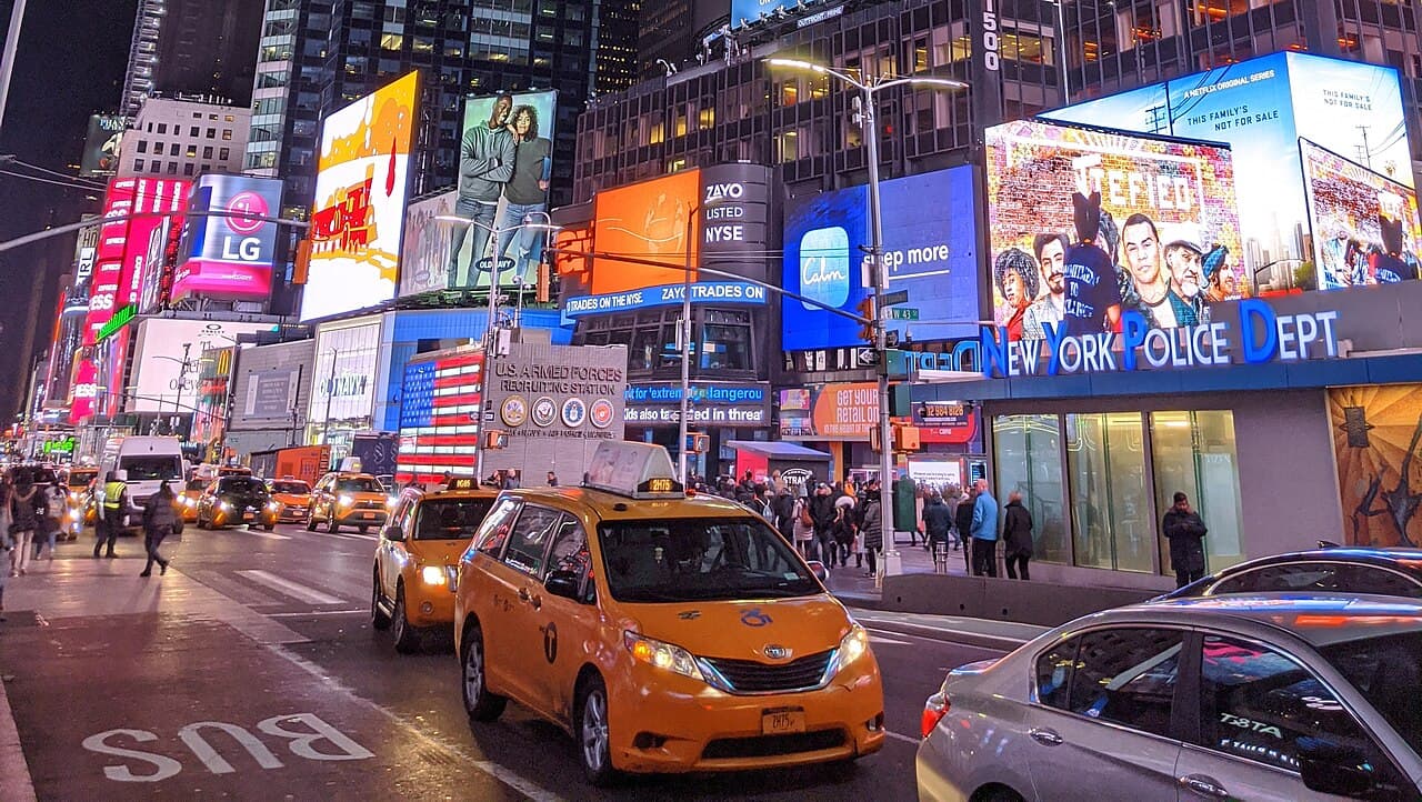 The neon lights of Times Square, New York