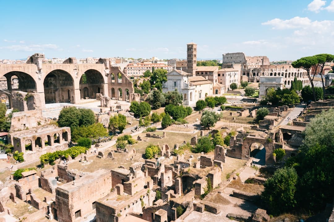 The columns and ruins of the Roman Forum seen from the Palatine Hill