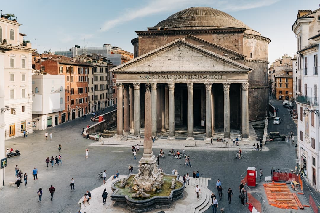 Light falling through the oculus of the Pantheon's coffered dome