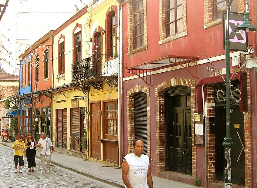 A colourful street in the Ladadika district, Thessaloniki