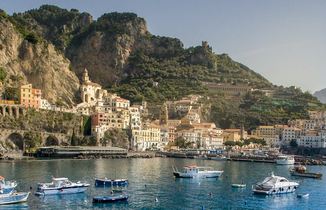 A boat below the cliffs of the Amalfi Coast