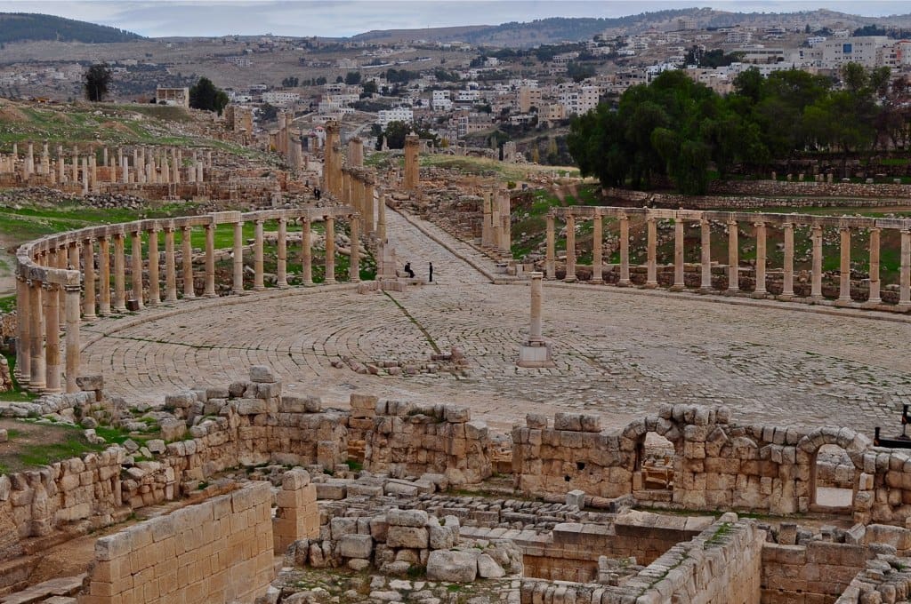 The colonnaded oval plaza of the Roman ruins of Jerash in Jordan