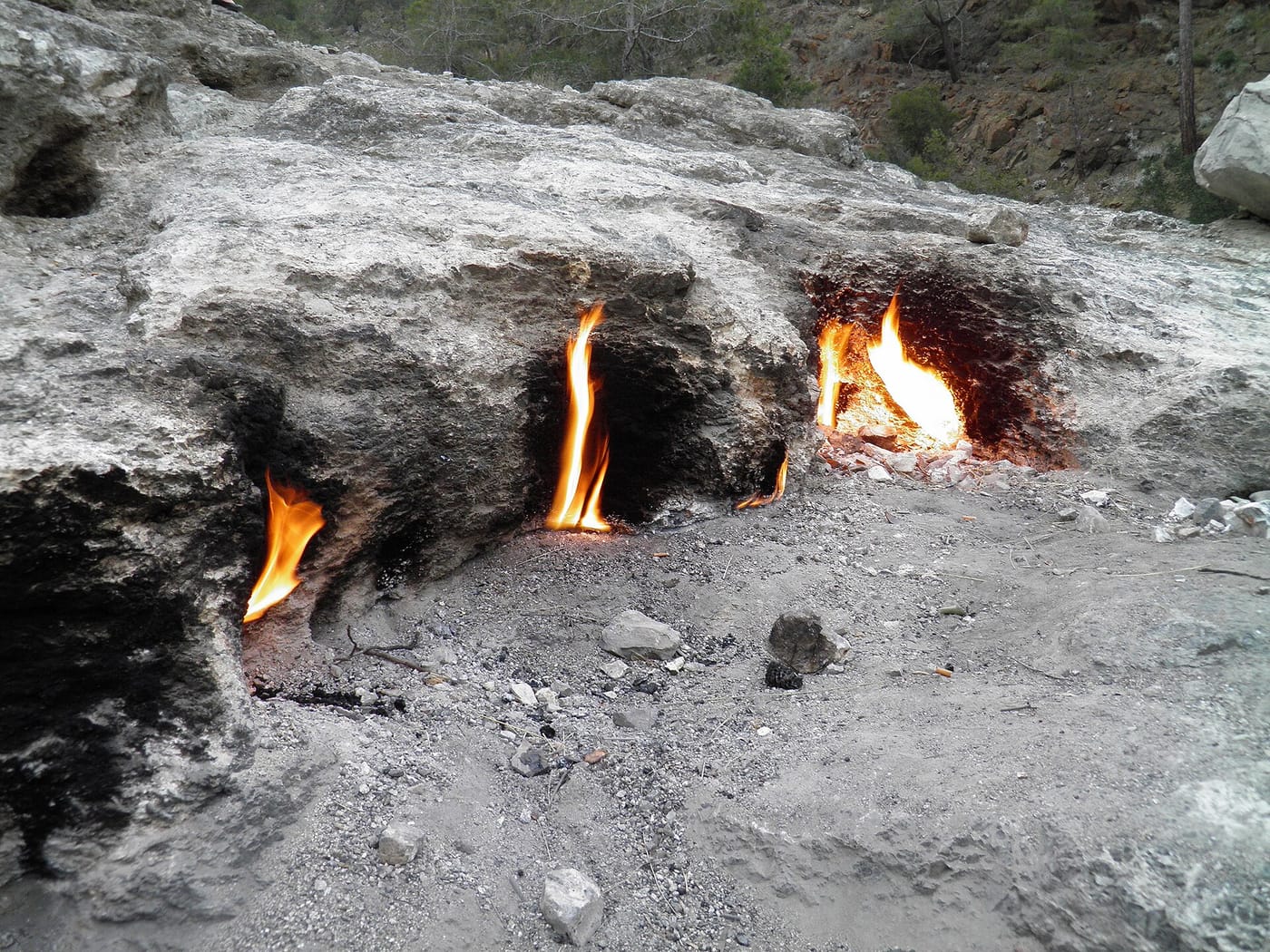 Natural flames burning from the rock at the Chimaera near Antalya