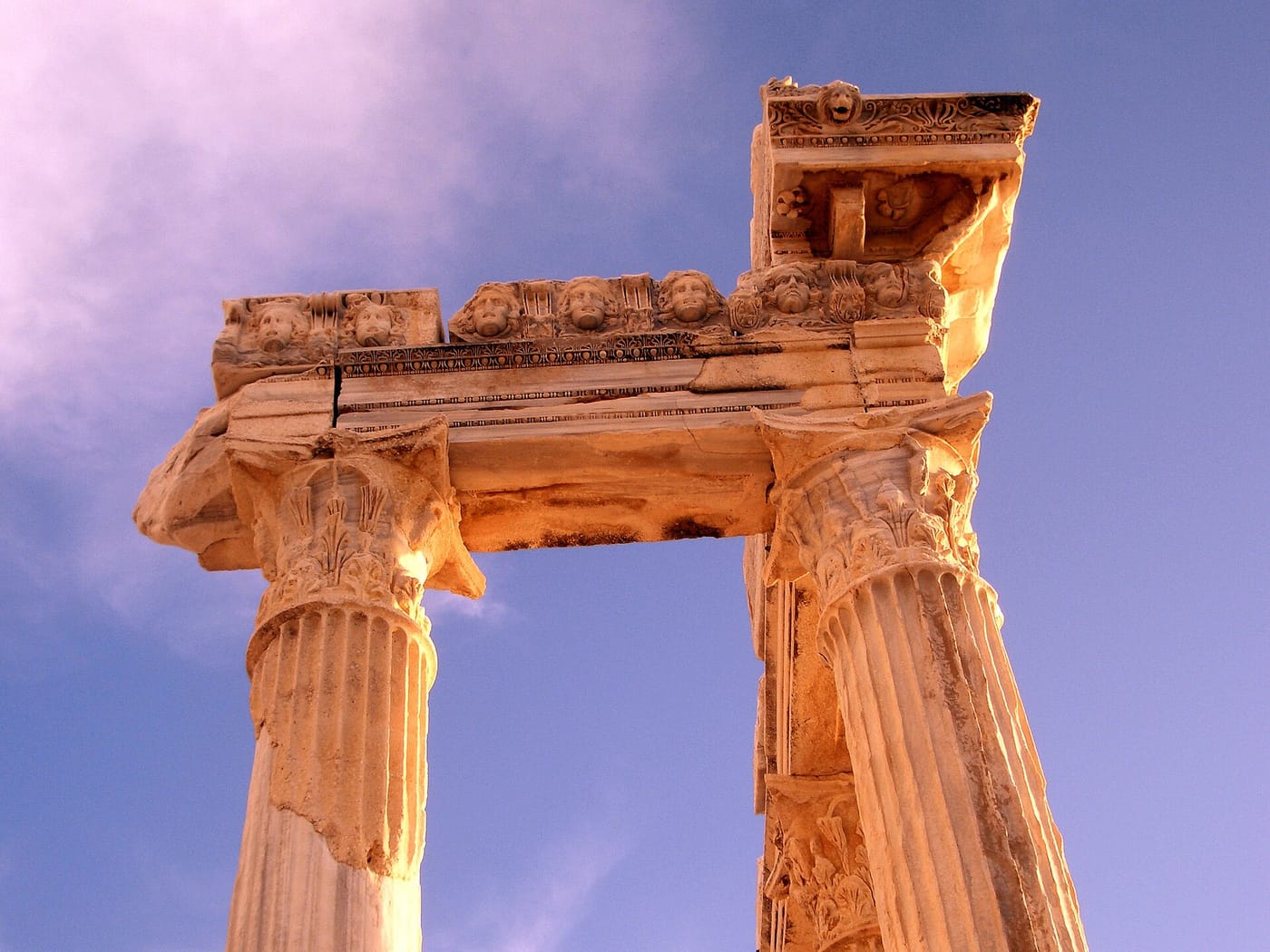 The columns of the seaside Temple of Apollo at Side, Turkey, at sunset