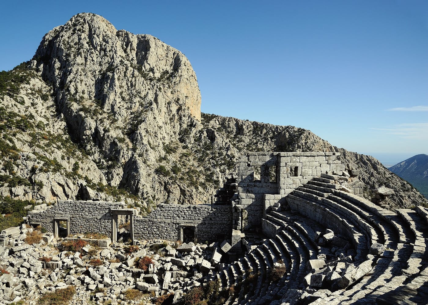 The cliff-edge ancient theatre of Termessos in the mountains above Antalya