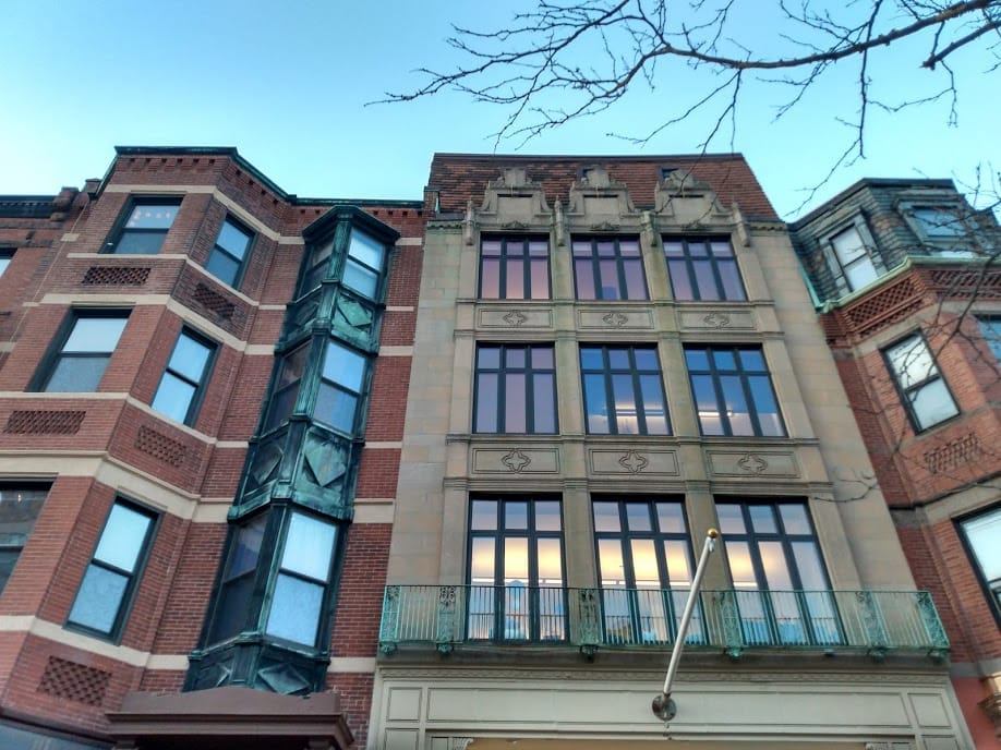 Brownstone shopfronts on Newbury Street in Boston