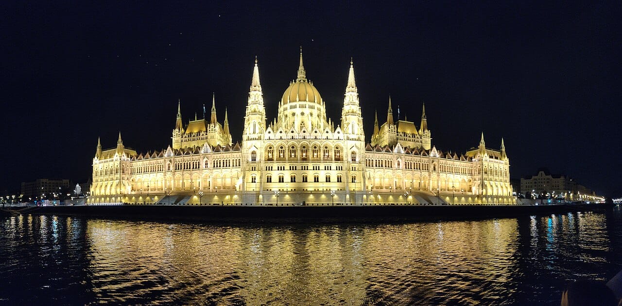 An evening cruise on the Danube past the floodlit Parliament, Budapest