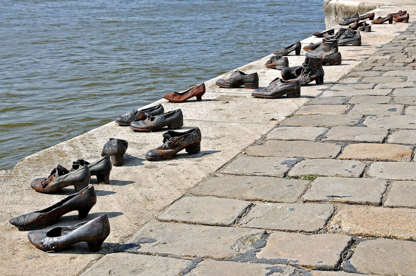Iron shoes of the Danube memorial along the embankment in Budapest