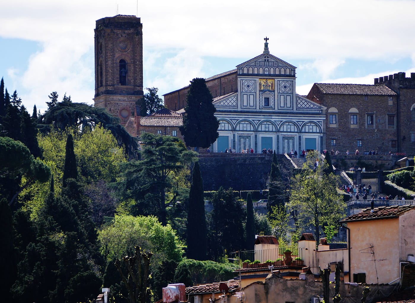 The green-and-white marble facade of San Miniato al Monte above Florence