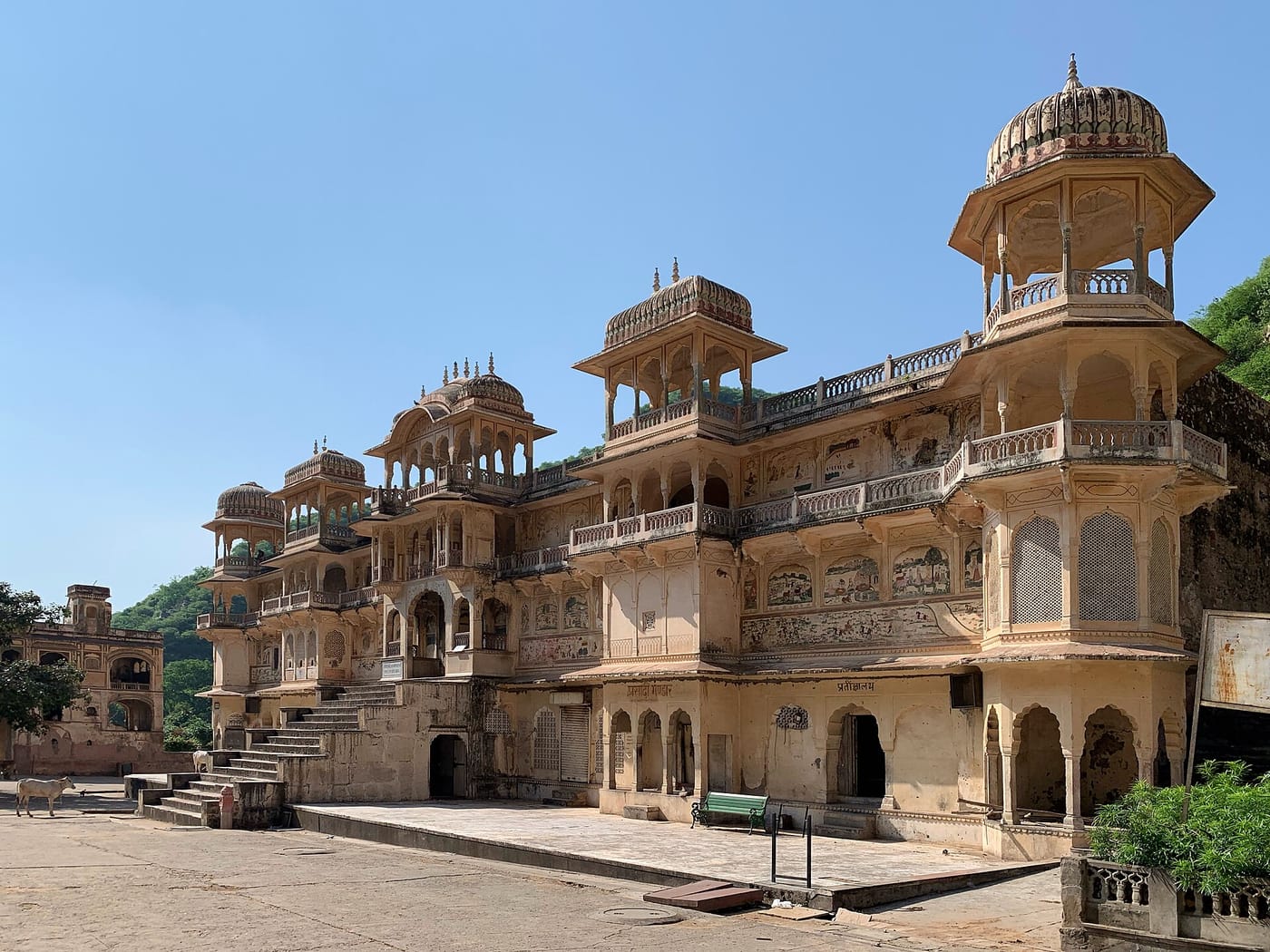 The pink temple pavilions of Galtaji in the hills near Jaipur