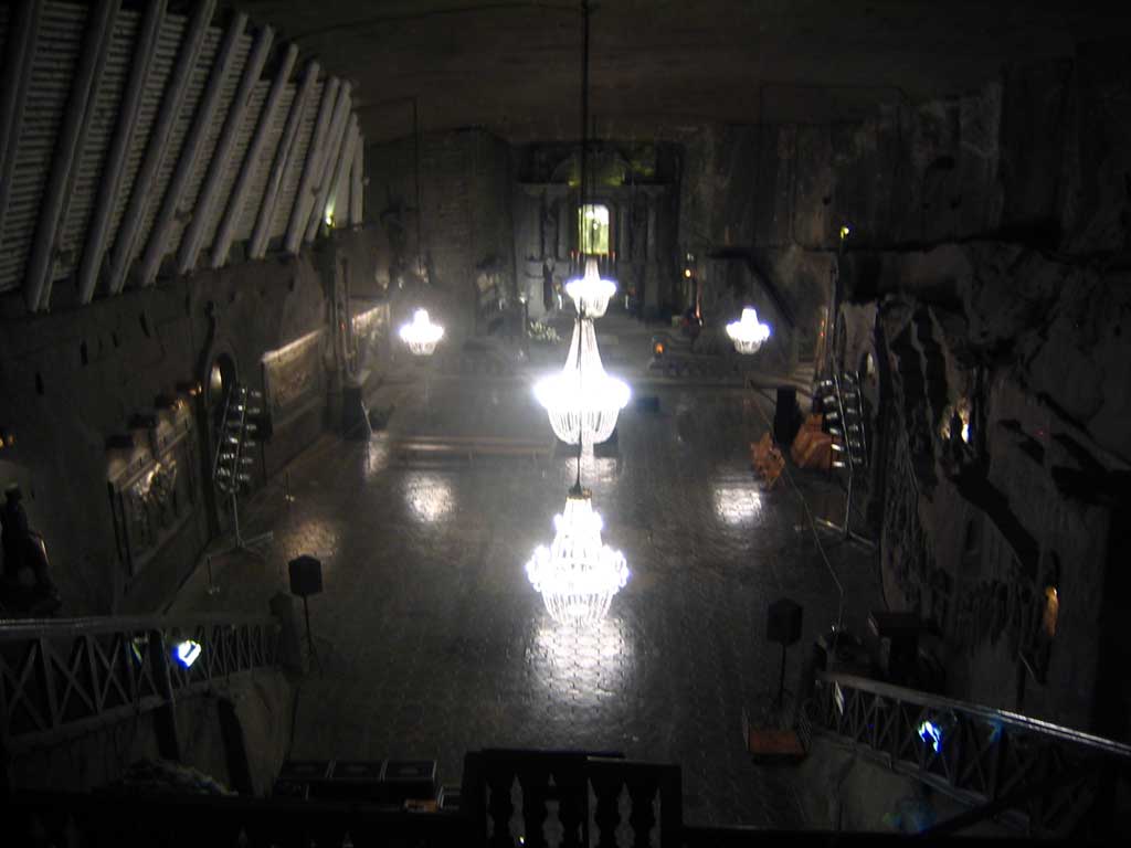 A salt-carved chapel with chandeliers in the Wieliczka Salt Mine near Kraków