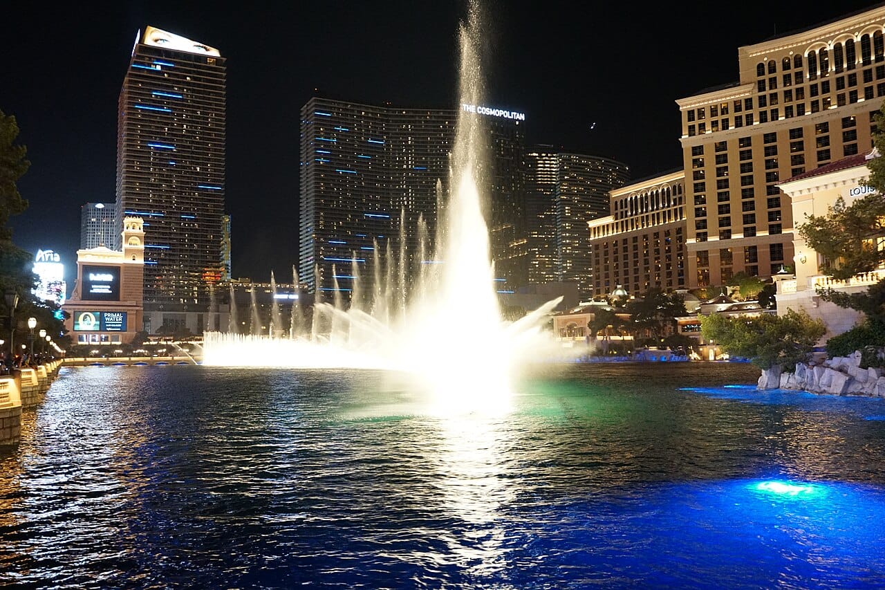 The Bellagio fountains erupting in front of the resort