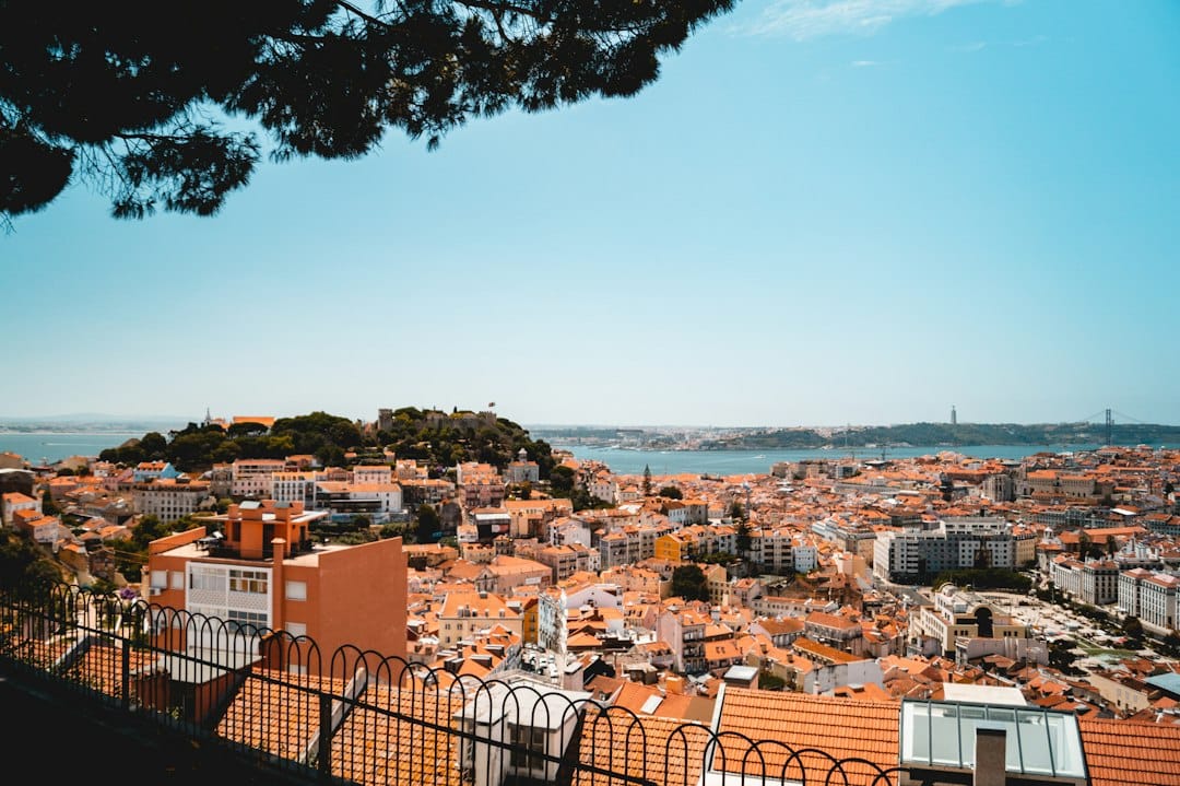 Terracotta rooftops of Alfama running down to the river from Portas do Sol, Lisbon