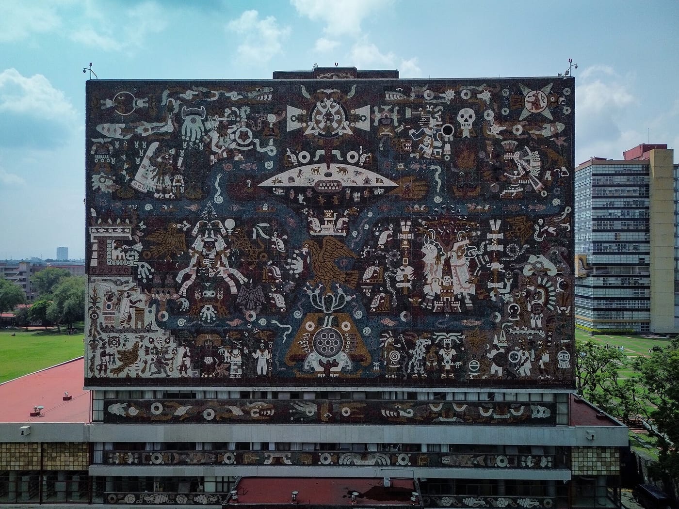 The mural-covered Central Library of the UNAM campus in Mexico City