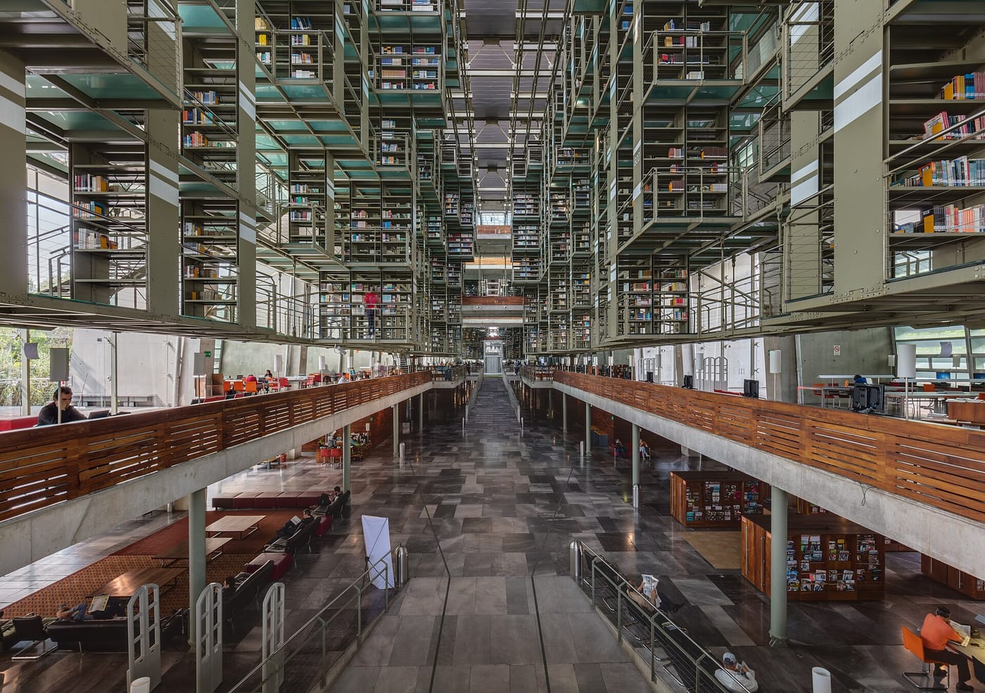 The floating steel book stacks of the Biblioteca Vasconcelos in Mexico City