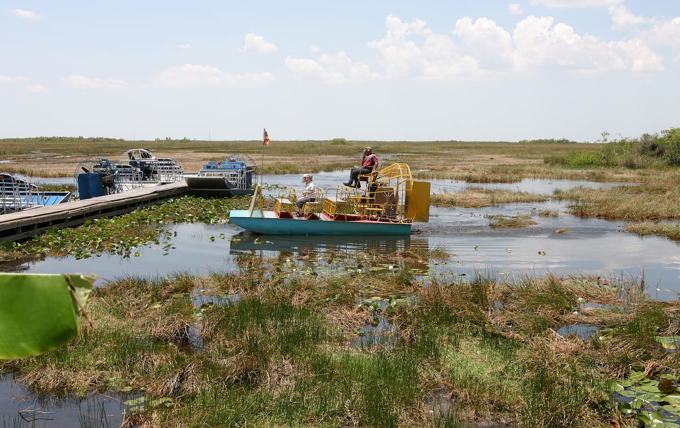 An airboat on the sawgrass marshes of the Everglades in Florida