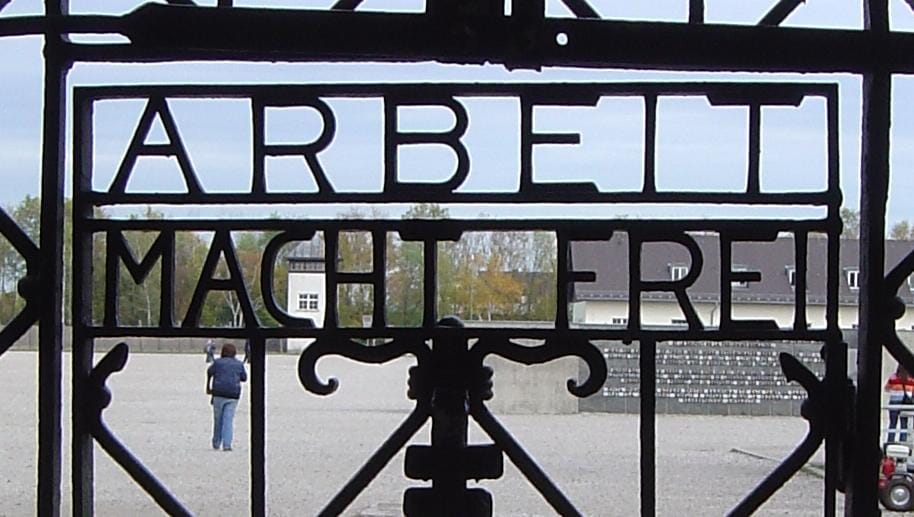 The iron gate of the Dachau concentration camp memorial near Munich