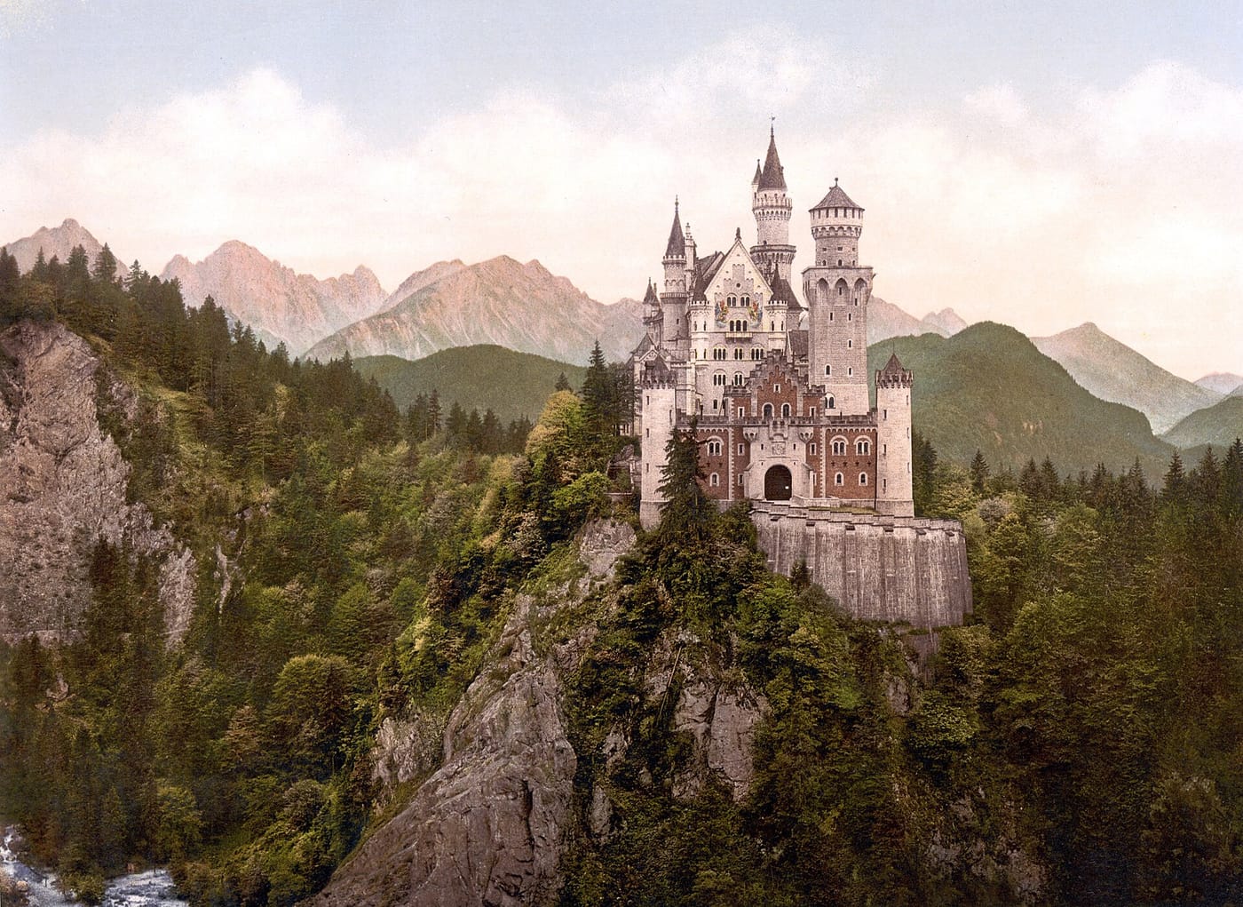 Neuschwanstein Castle on its crag in the Bavarian Alps