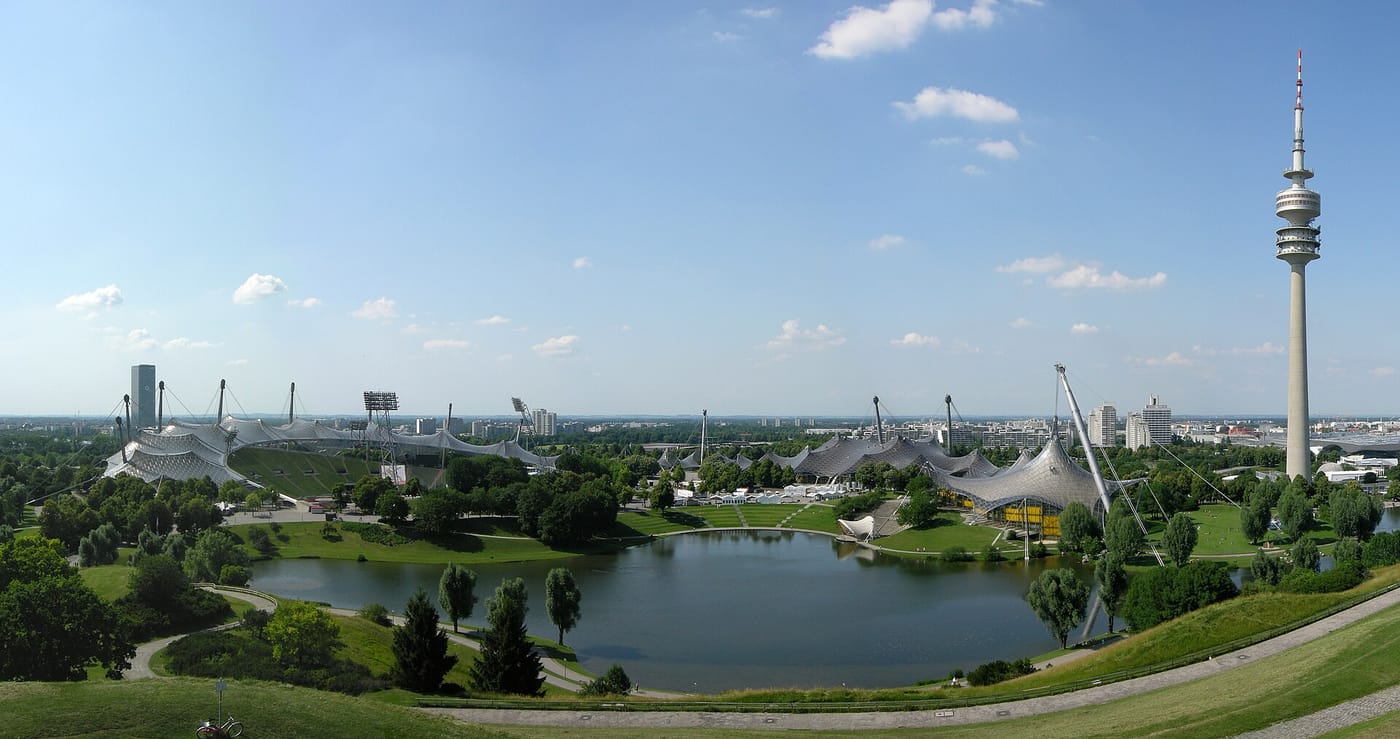 The lake and tent roofs of the Olympiapark in Munich