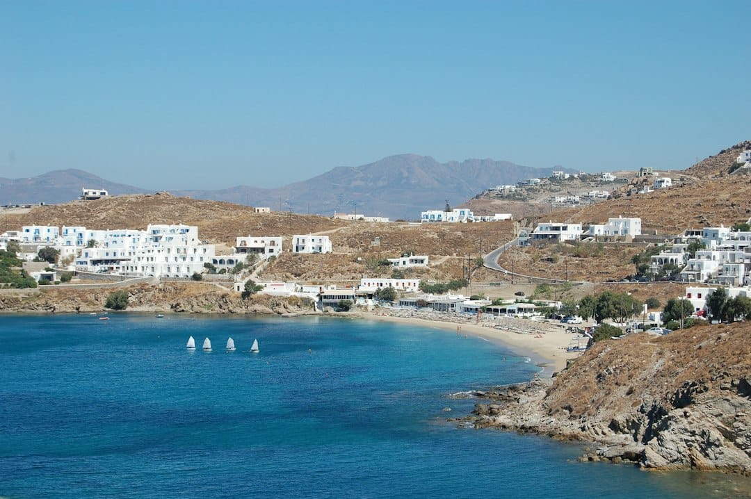 The wide windswept bay of Ftelia beach on Mykonos