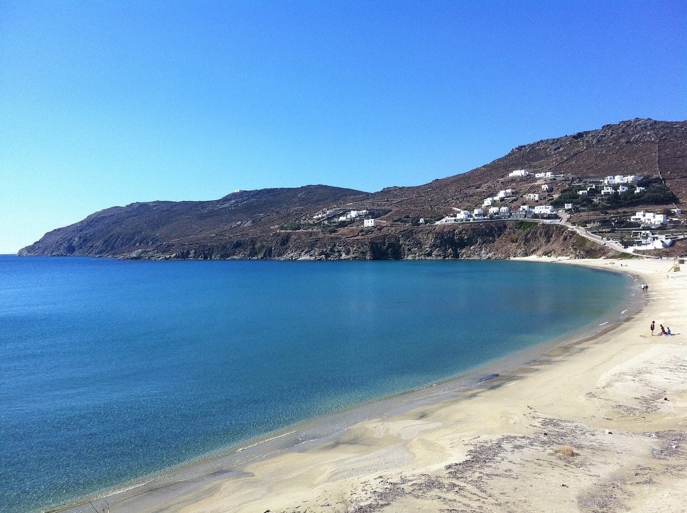 The long golden beach and bay of Kalo Livadi on Mykonos