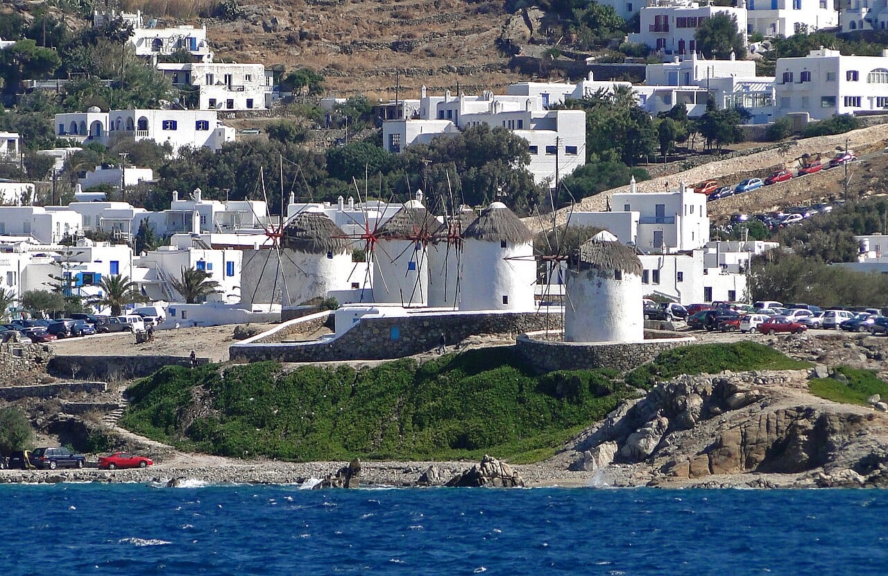 The windmills of Kato Mili above Mykonos Town
