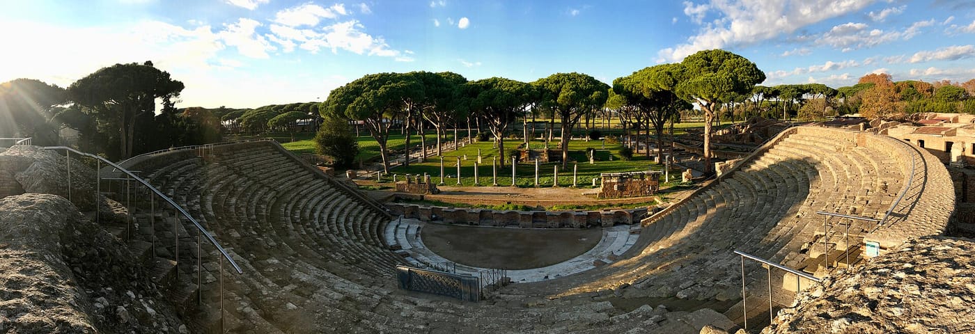 The Roman theatre among umbrella pines at Ostia Antica near Rome