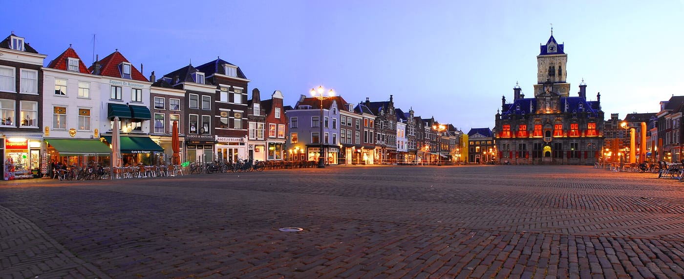 The market square of Delft in the Netherlands at dusk