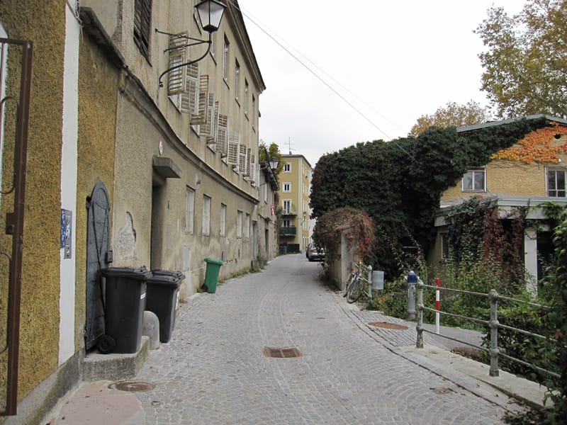 The narrow medieval lane of the Steingasse in Salzburg
