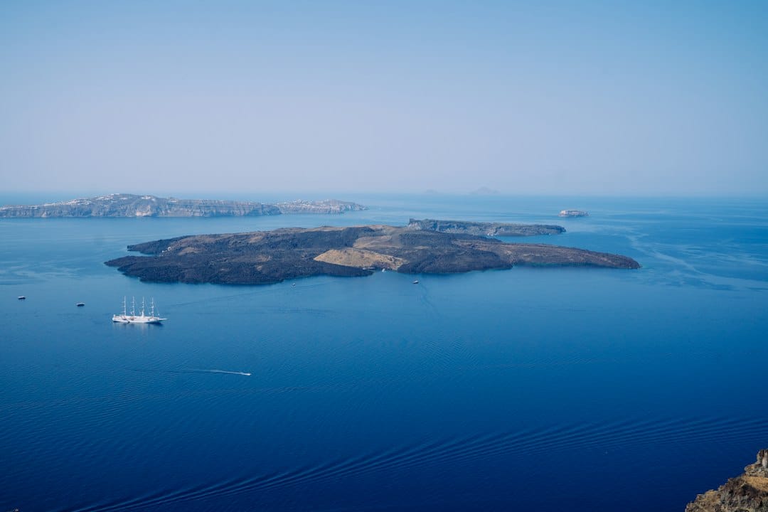 The Santorini caldera and volcanic islet seen from the sea