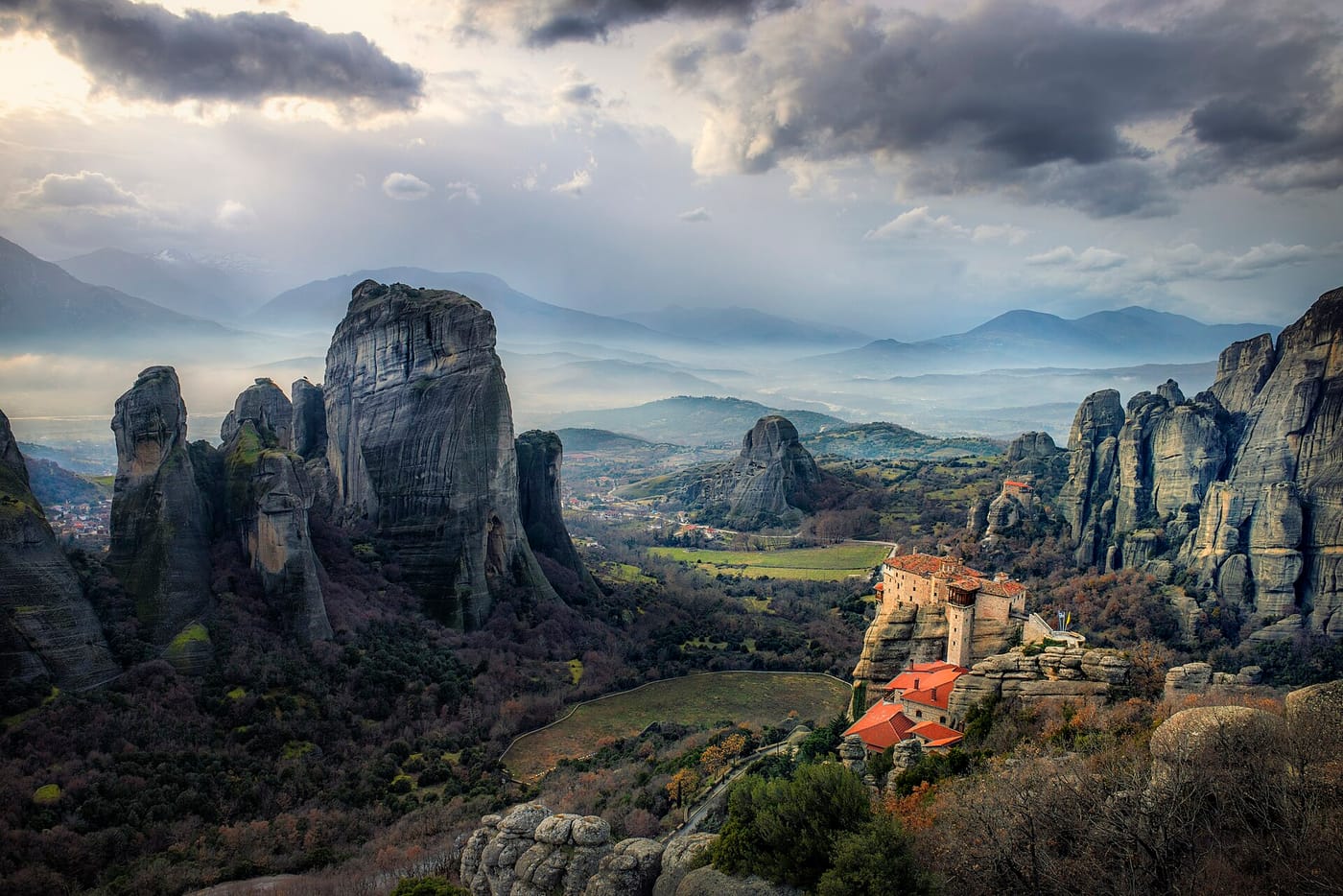 Monasteries perched atop the rock pillars of Meteora in Greece