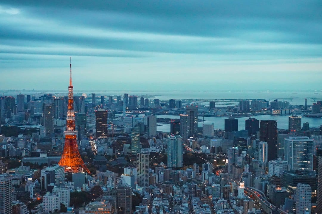 The illuminated orange Tokyo Tower rising above the city at dusk