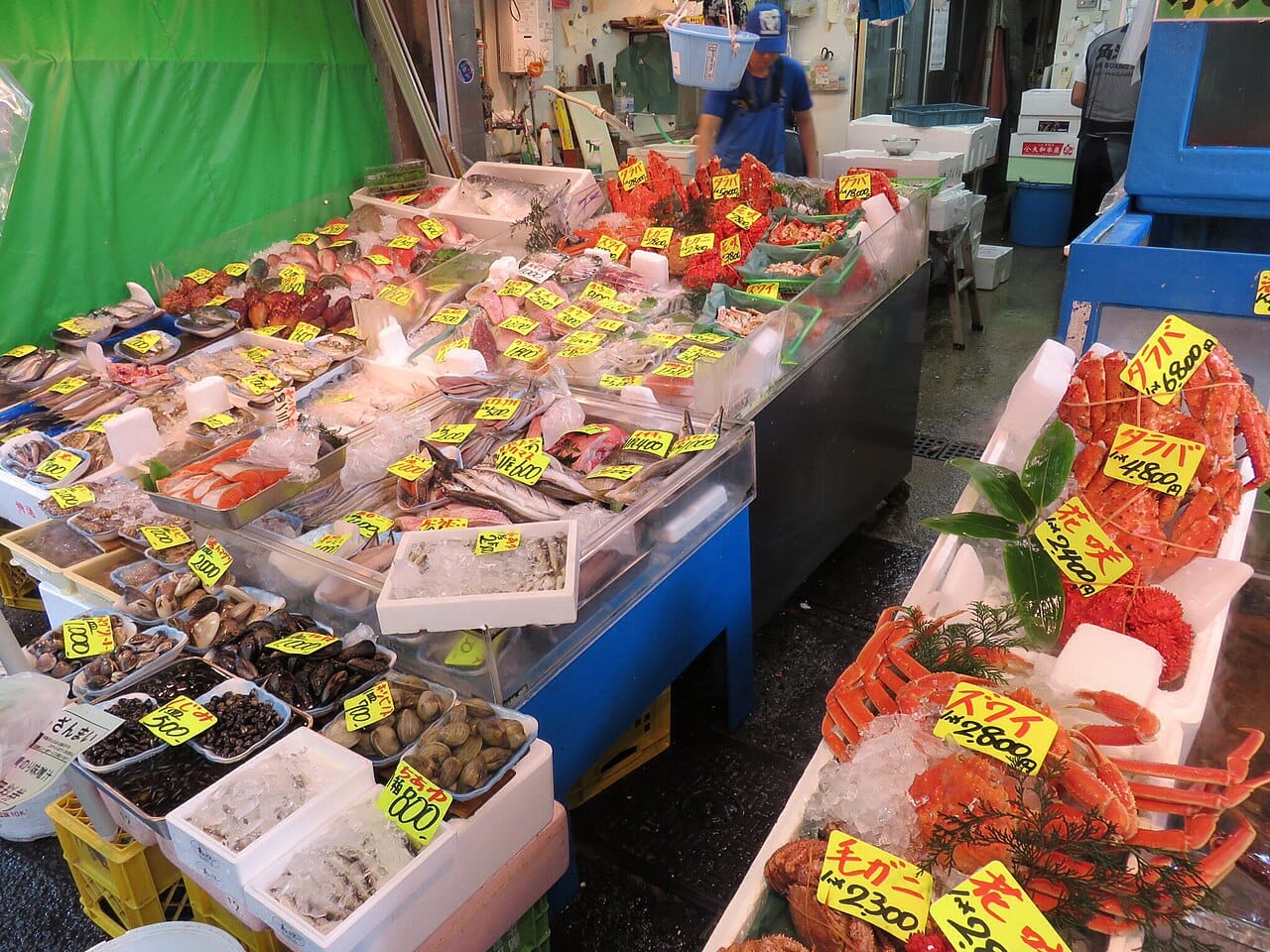 A seafood stall at Tsukiji Outer Market, Tokyo