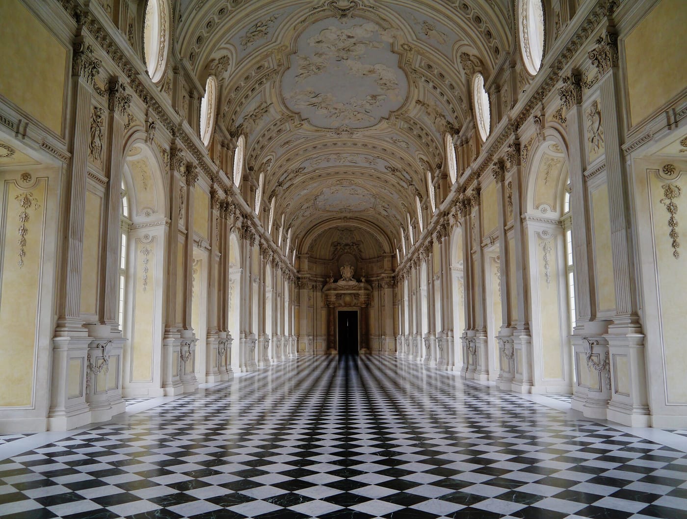 The mirrored Great Gallery of the Venaria Reale palace near Turin