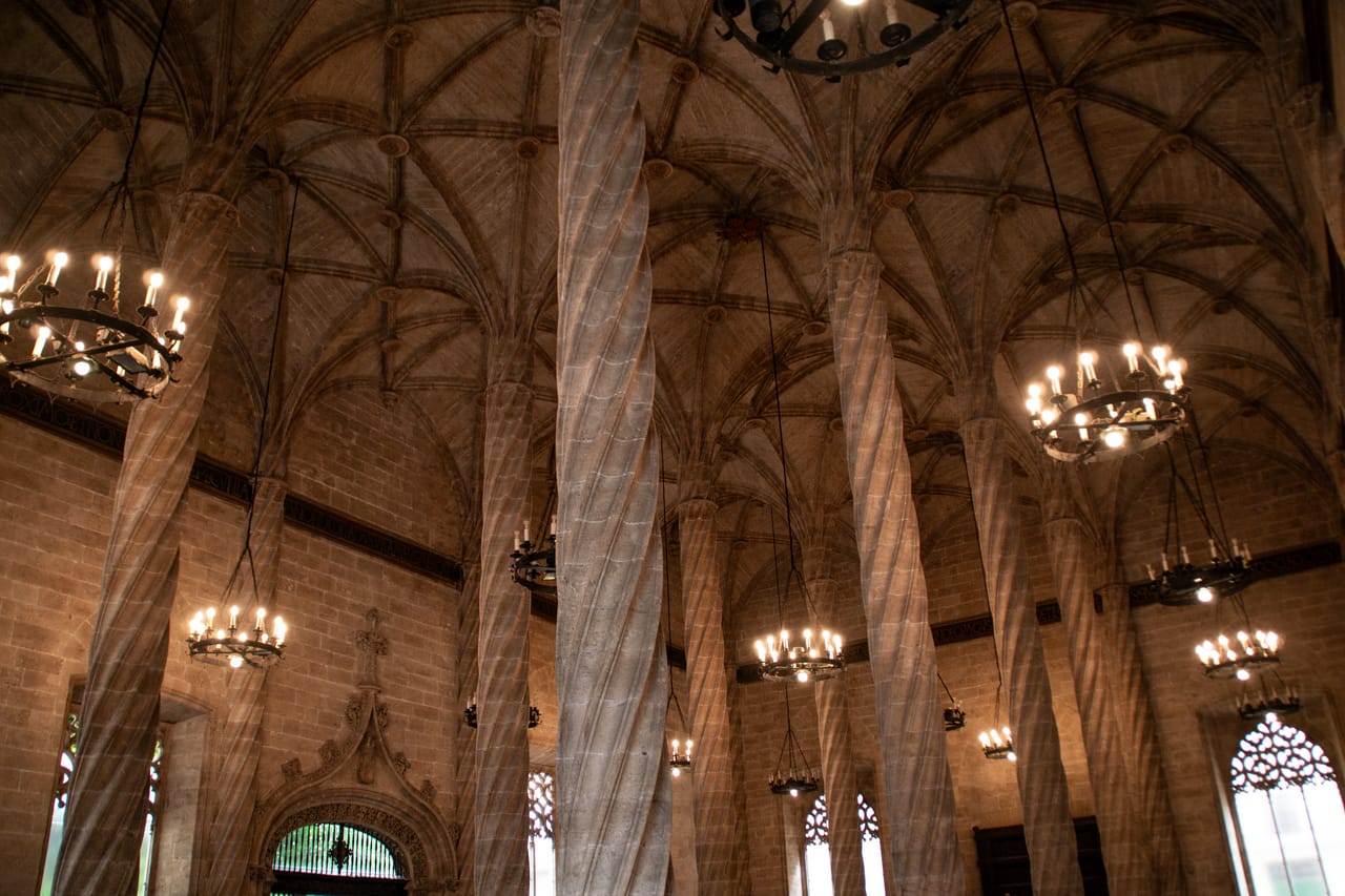 The columned hall of La Lonja de la Seda, Valencia